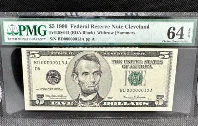 1999 $5 Federal Reserve Note PMG 64 EPQ Low Serial Number 13 - Image 1 of 2