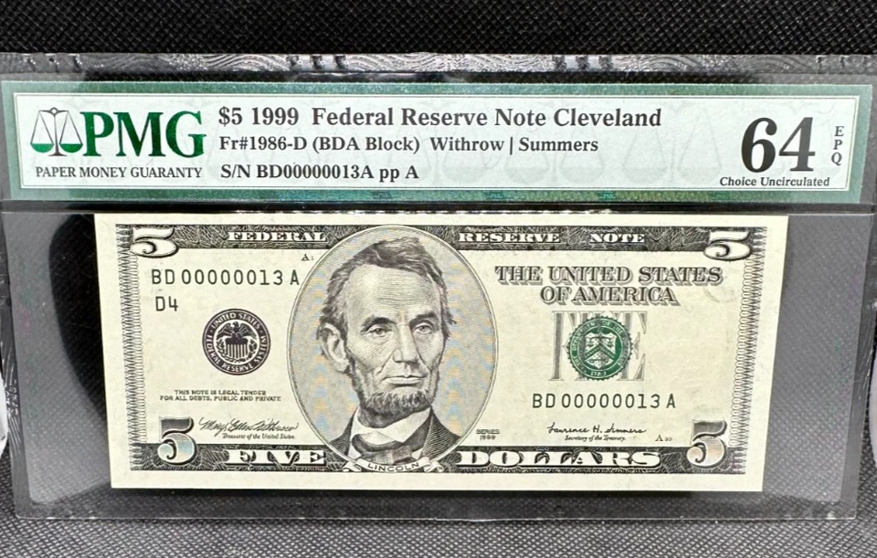 1999 $5 Federal Reserve Note PMG 64 EPQ Low Serial Number 13 - Image 1 of 2
