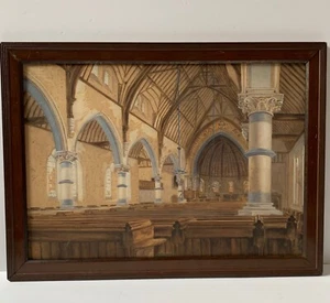 VINTAGE FRAMED ORIGINAL WATER COLOUR PAINTING CHURCH INTERIOR ALTAR RELIGIOUS - Picture 1 of 24