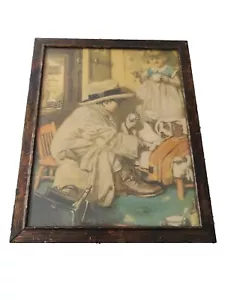 ANTIQUE METAL FRAMED PRINT, CHILDREN PLAYING DOCTOR AND NURSE - Picture 1 of 4