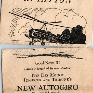 Papel publicitario avión Autogiro tribuna registro Des Moines década de 1930 IA C17 - Imagen 1 de 3