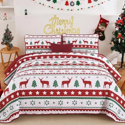 Juego de colchas de Navidad tamaño queen 3 piezas colchas a rayas alce rojo árbol de Navidad Foto 1 de 4