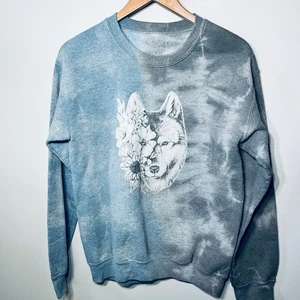 Markenlos Sweatshirt Blau Aquarell Wolf Blumen Batik Baumwollmischung Freizeit M - Bild 1 von 3