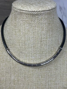 Thick 925 Sterling Silver Tube Bead Black Leather Torque Collar Necklace 701 - Picture 1 of 13