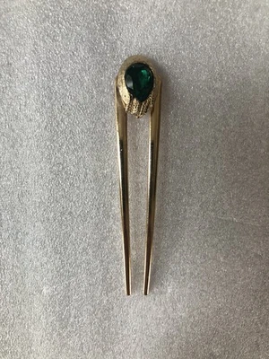 Vintage Jewelry Artisan Gold Tone/Green Rhinestone Metal 4” French Hair U-Pin - Image 1 of 4