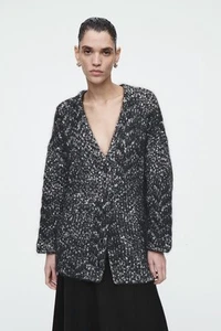 COS Cardigan Size XS Oversized Herringbone Mohair Wool Blend Chunky Knit Black - Picture 1 of 11
