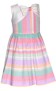 NEW Bonnie Jean Girls Size 6 "PASTEL STRIPE" Linen-Feel Yoke Bow Dress NWT - Picture 1 of 3