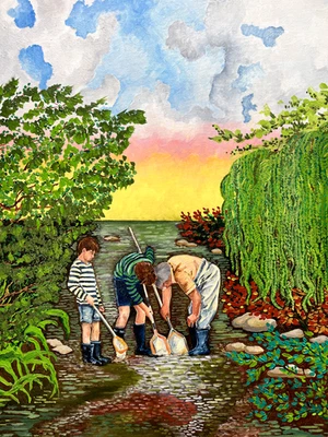 Original Oil Painting, 16x20 inches, Children Exploring River, Landscape, Green - Image 1 of 4