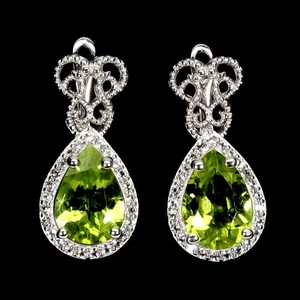 925 Sterling Silver Earrings Pear Peridot 10x7mm Natural Gemstone Jewelry - Picture 1 of 14
