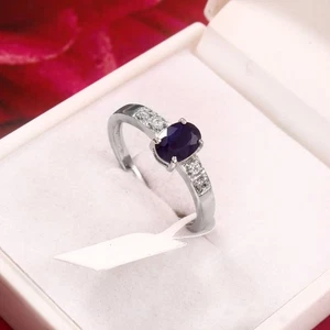 Natural Blue Sapphire Ring Sterling Silver Oval Cut with Diamond Accents Elegant - Picture 1 of 8