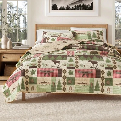 Rustic Quilt Set, Cabin Country Christmas Bear Deer Wildlife Plaid Lodge Weste - Image 1 of 4