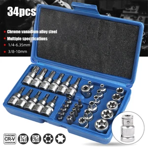 Set di chiavi a bussola 34 pezzi torx interno esterno torx dadi multidenti bit strumento auto - Foto 1 di 14
