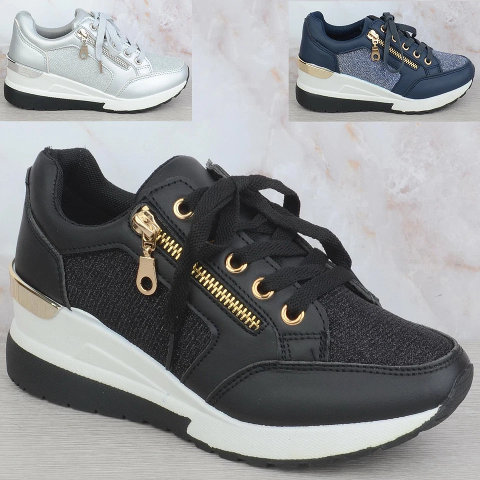 WOMENS LADIES GLITTER MESH LACE UP WEDGE HEEL PLATFORM PUMPS TRAINERS SHOES SIZE - Image 1 of 1