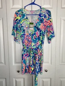 Lilly Pulitzer Madilyn Romper Dive In Multicolor Tie Die Faux Wrap Size XS NWT - Picture 1 of 6