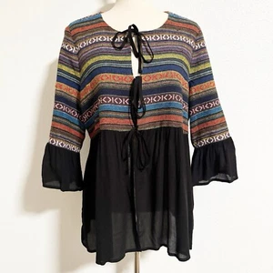 Pleione Boho Textured Embroidered Tie Front Ruffle Hem Cardigan Size XL - Picture 1 of 11
