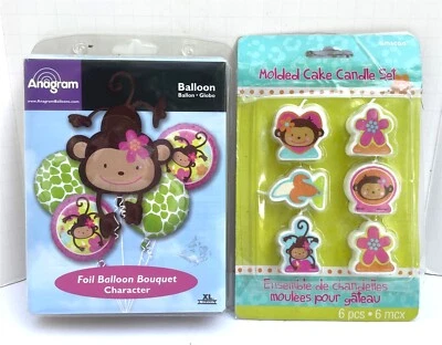 Monkey Love Mod Pink 5pc Foil Balloon Bouquet + Cake Candles Jungle Luau Shower - Image 1 of 4
