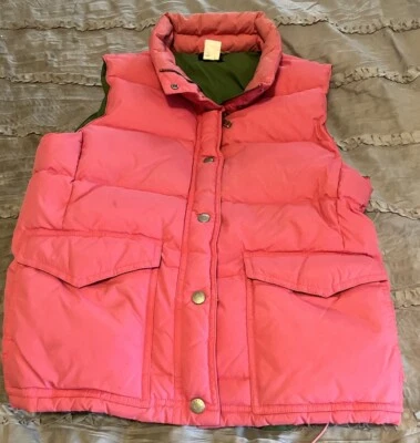 J CREW Down Puffer Vest Jacket Pink Green 80% Down Fill Zipper and Snap MEDIUM - Image 1 of 4