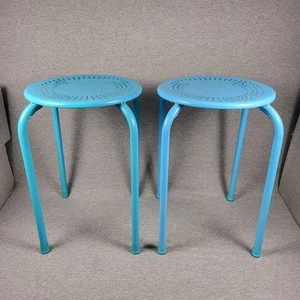 Vintage Pair Of Blue "POKER" Plant Stands Or Stools 18" X 12" Diameter - Picture 1 of 12
