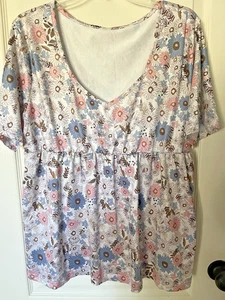 Damen Shirtärmel Babydoll Style Shirt Größe 2XL elfenbein mit rosa & blauen Blumen - Bild 1 von 4