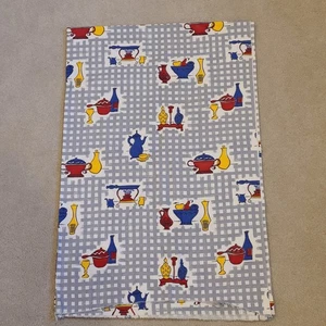 Vintage Kitschy Kitchen Food Cotton Fabric Gray Red Blue Yellow 3 Yards - Picture 1 of 4