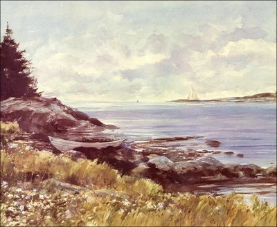 De colección Ray Ellis 1985 Estampado Blanco Dory Flores Penobscot Bahía Maine Costa Acuarela Foto 1 de 3