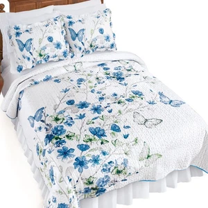 Kylie Blue Cherry Blossom Scalloped Edge Quilt with Reversible Light Blue Design - Picture 1 of 2