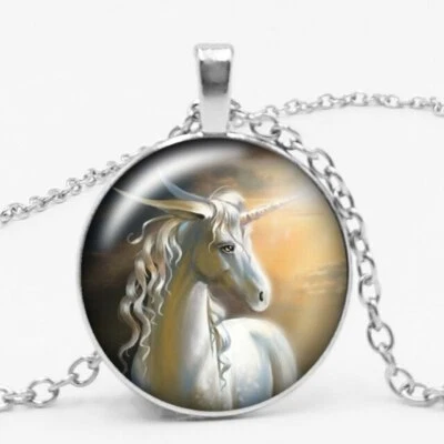 Damen Anhänger mit Kette Silber Braun Einhorn Cabochon Halskette Geschenk Party - Bild 1 von 2