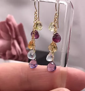 14k Multi Gemstone Earrings Briolette Citrine Garnet Topaz Handmade - Picture 1 of 8