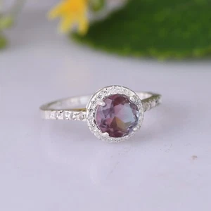 Round Cut Lab Created Alexandrite 925 Sterling Silver Engagement Ring - Picture 1 of 7