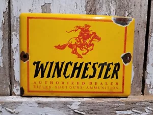 VINTAGE WINCHESTER PORCELAIN SIGN AMMUNITION DEALER GUN FIREARM PISTOL GAS OIL - Picture 1 of 24