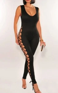 Womens Black Sleeveless Lace Up Jumpsuit Size Small - Picture 1 of 2