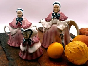 Art Deco Tony Wood Little Old Lady Teapot Sugar Bowl and Milk Jug Collectible - Picture 1 of 12