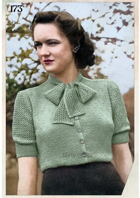 1940's Pussy Bow Blouse Vintage Knitting Pattern Bust 36 - Image 1 of 2
