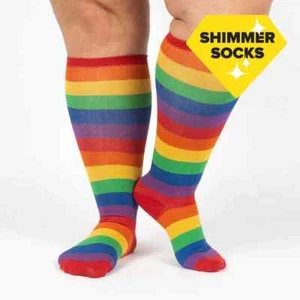 Calcetines hasta la rodilla pantorrilla ancha a rayas arco iris March with Pride unisex XL elásticos - Imagen 1 de 1