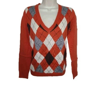 J. Crew sweater Merino Angora Cashmere  blend Argyle orange V- neck sz S new - Image 1 of 4