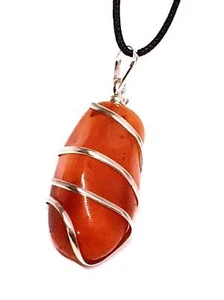 Carnelian Pendant Necklace Gemstone Wire Wrapped Tumble Stone Tie Cord Jewellery - Picture 1 of 11