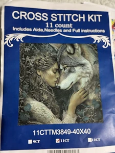 Beautiful Girl With Wolf Cross Stitch Kit Pre-Printed 11CT Aida Fantasy - Picture 1 of 3