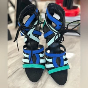 Zara Blue, Black & Green Caged Lace Up Gladiator Heels - Picture 1 of 7