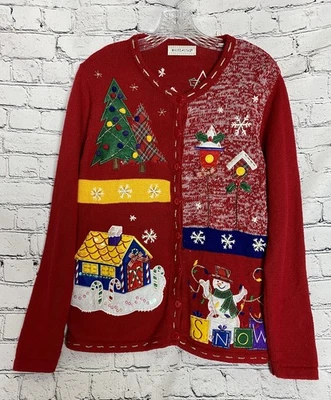 Cárdigan Suéter Navidad Feo Botones Bordado Rojo Ciervo Blanco Para Mujer L Foto 1 de 4