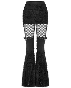 Punk Rave Femmes Gothique Grunge Pantalon Évasé Noir Déchiré Tricot Résille - Picture 1 of 12
