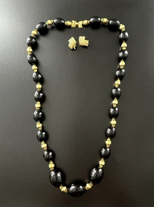 Vintage Trifari Necklace Clip Earrings Set  Black Gold Chunky Design SIGNED #157 - Picture 1 of 11