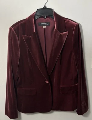 Chaqueta Blazer Tahari Terciopelo Borgoña Usada en Excelente Condición Cuello Un Botón Solapa Para Mujer Talla 12 Foto 1 de 4