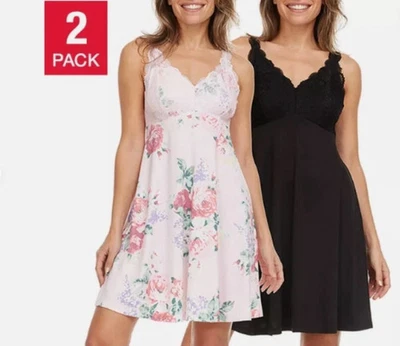 NEW Flora Nikrooz Women's Chemise, 2-pack, Pink Floral, Black, LARGE - Image 1 of 4