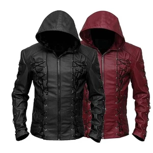 Chaqueta con Capucha de Cuero Genuino con Capucha Negra Estilo Arsenal Arrow para Hombres Motociclista - Imagen 1 de 18
