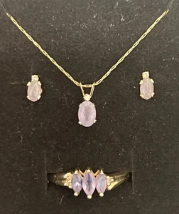 14k Tanzanite and Diamond Earrings, Pendant w/20” Chain, 10k 3 Stone Ring 6.5 - Picture 1 of 13