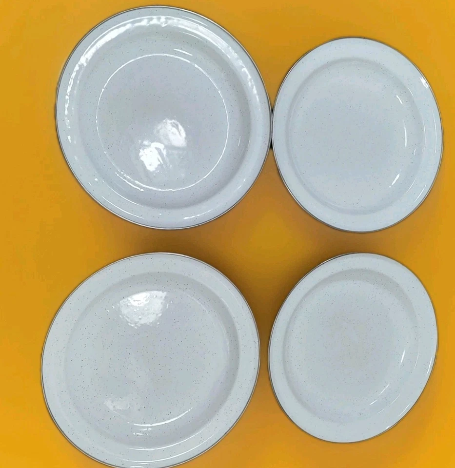 Набор из 4 неиспользованных эмалированных обеденных тарелок 10 дюймов круглая обеденная тарелка с серебряным ободком! - Изображение 1 из 4