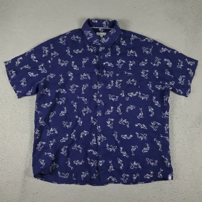 Peter Millar Shirt Mens XL Navy Blue Linen Fish Print Button Up Short Sleeve - Image 1 of 4