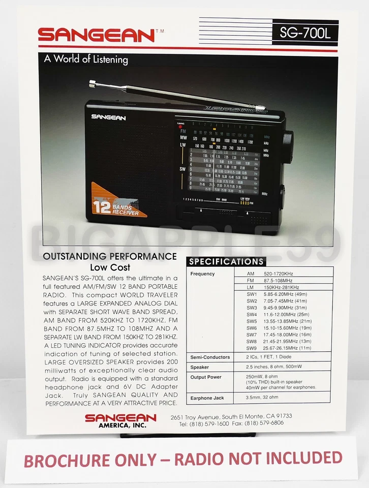 工厂销售传单适用于 Sangean SG-700L 调幅调频短波收音机 — 第 1/1 张图片