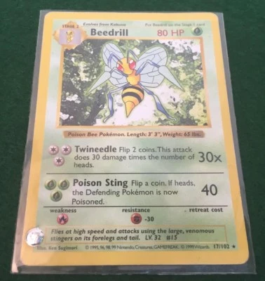 1999 Pokemon Base Set Shadowless Beedrill 17/102 With Sleeve - Image 1 of 4