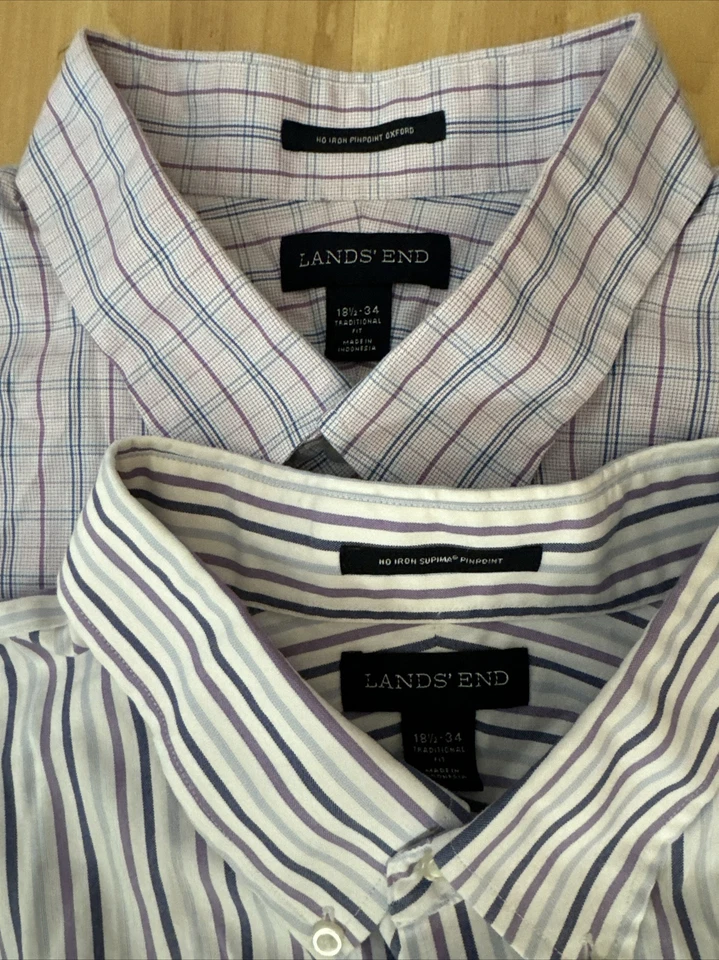 Land’s End Lot of 2 Men Size 18.5-34 Shirt Traditional Supima Non Iron Pinpoint  - Image 1 of 4